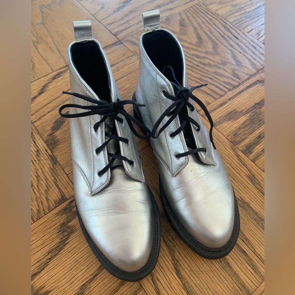 Women’s Silver Dr Martens Leather Lace-Up Boots Made in England Size 7